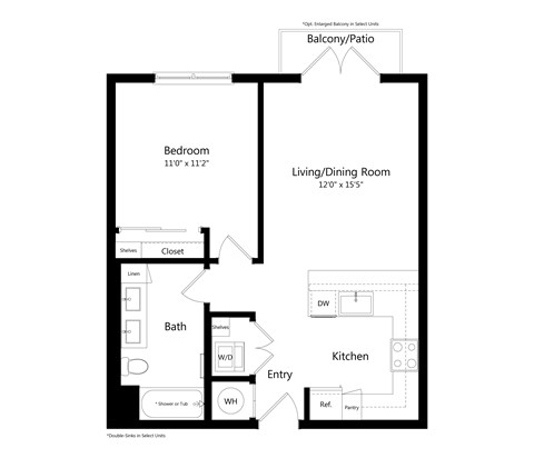 Floor plan for 1 bed, 1 bath, 652 sqft